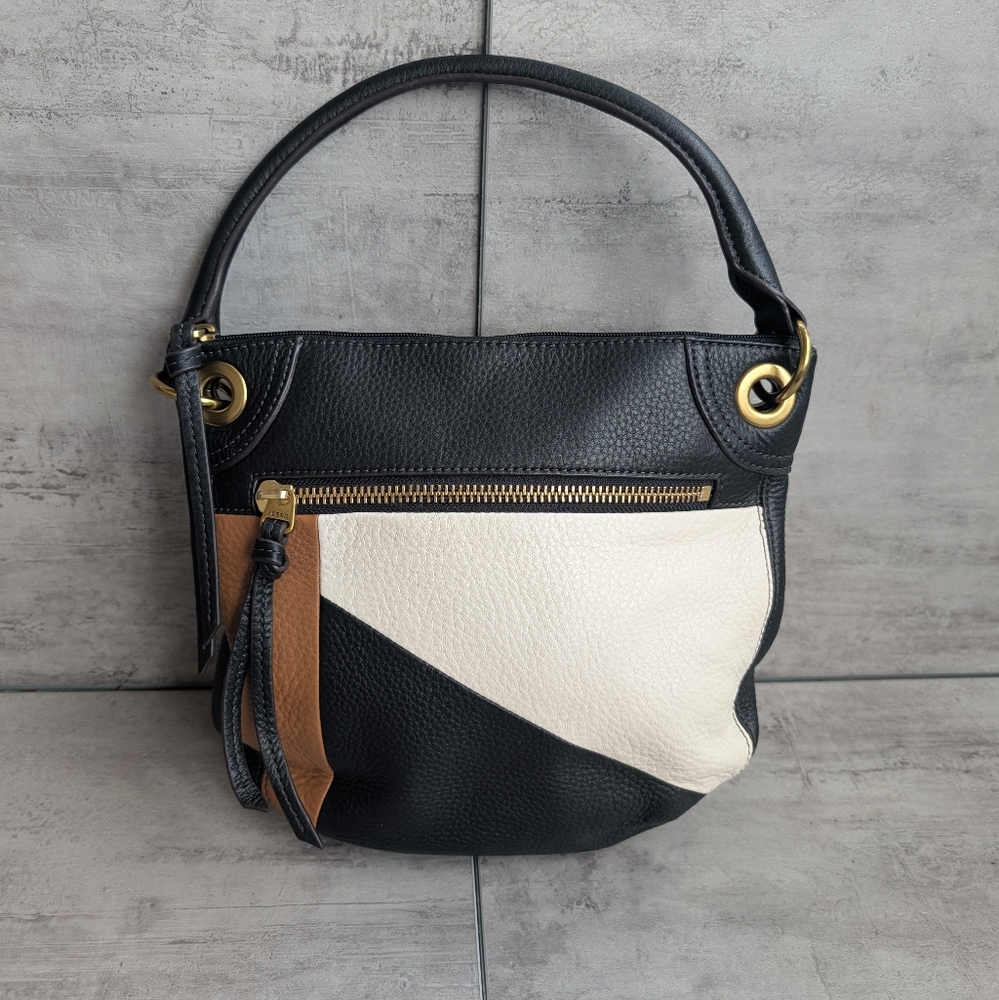 Fossil Geometric Patchwork Black White Tan Pebbled Leather Shoulder Bag Purse